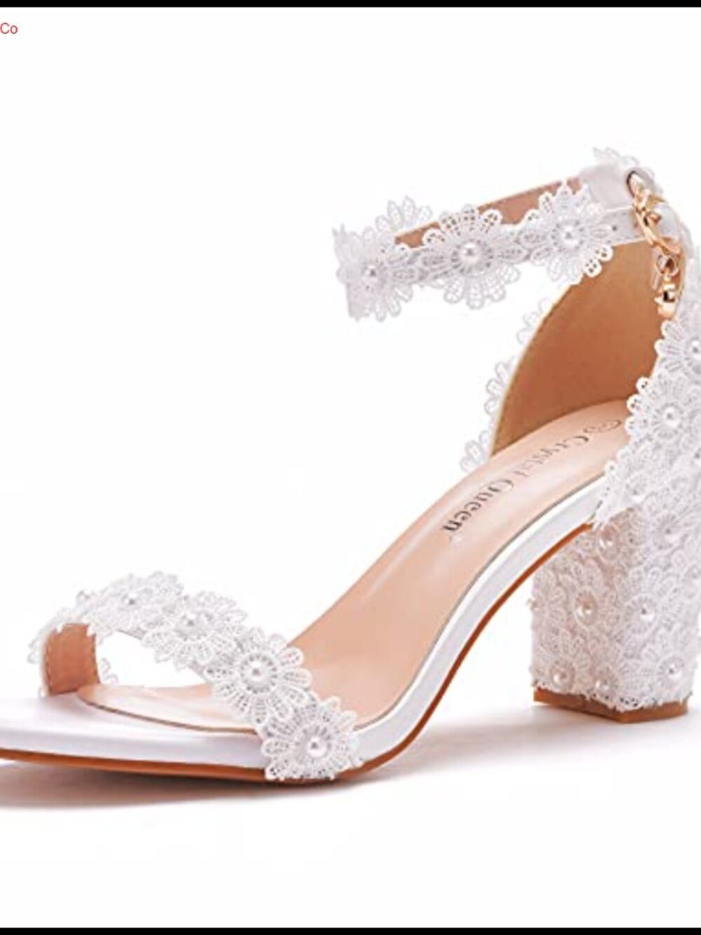Handmade Block Heel Sandals Pearl Lace Peep Toe Wedding Party Shoes